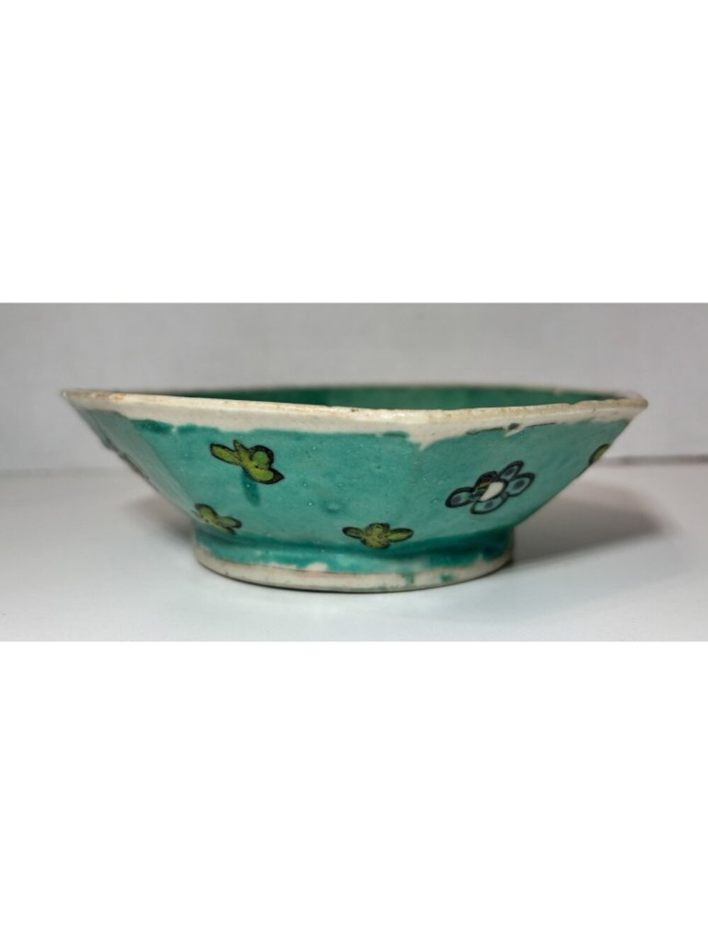 Antique Footed Dish Turquoise Early Famille Rose China 6" Rice Bowl As is